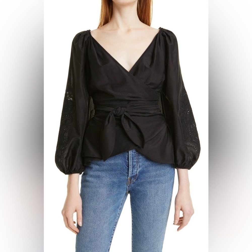 Kobi Halperin Women’s Norah Black Balloon Sleeve Cotton & Silk Wrap Blouse M